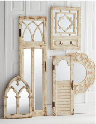 Distressed white wood door panel mirror