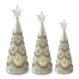 Mercury Glass Silver Jeweled LED Trees