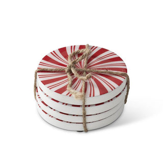 Red and White Peppermint Wood Coasters - Set of 4