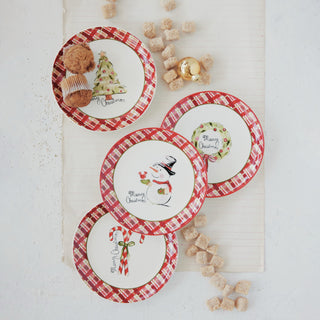Stoneware Plate with Holiday Image & Plaid Border
