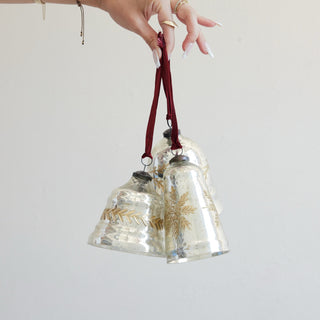 Etched Mercury Glass Bell Shaped Ornament with Burgundy Velvet Ribbon Hanger