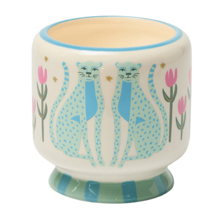 Paddywax A Dopo Blue Cheetahs hand-painted ceramic candle in Linen & Orris