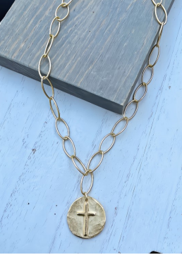 Gold Oval Link Cross Necklace
