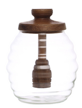 Glass Honey Jar w/ Acacia Wood Lid & Attached Honey Dipper
