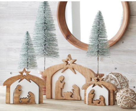 Wood Nativity with White Enamel Cut Outs