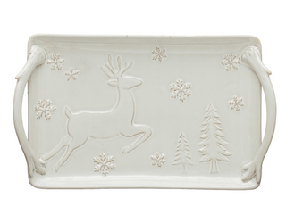 Stoneware Tray with Deer, Snowflakes and Trees