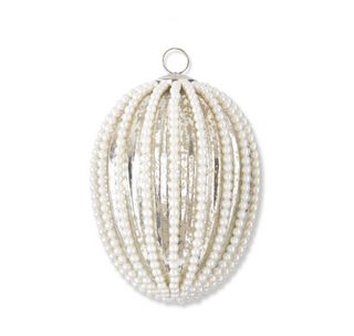 Oval Silver Mercury Glass Ornament with Wired White Beads