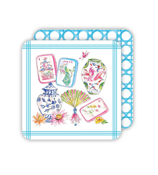Mahjong Icons Pots Fan Tiles and Flowers Square Coasters
