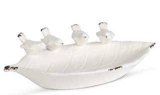 White Ceramic Leaf Bowl with Song Birds