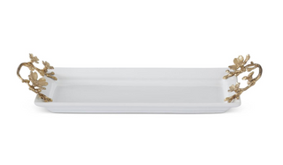 White Ceramic Rectangular Tray with Gold Floral Handles