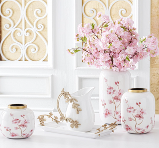 White Ceramic Rectangular Tray with Gold Floral Handles
