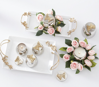 White Ceramic Rectangular Tray with Gold Floral Handles