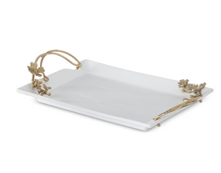 White Ceramic Rectangular Tray with Gold Floral Handles
