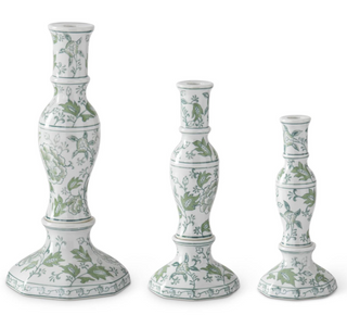 Green and White Floral Ceramic Candleholders