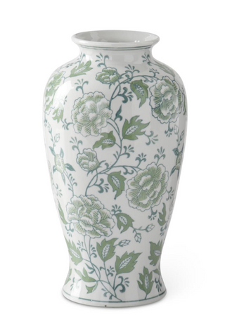 12" Green and White Floral Ceramic Vase