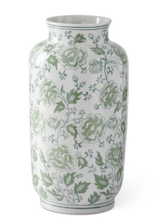 15" Green and White Floral Ceramic Vase
