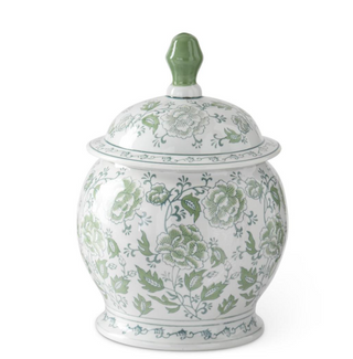 15" Green and White Floral Ceramic Ginger Jar