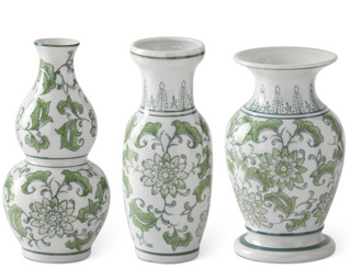 Green and White Ceramic Chinoiserie Vases