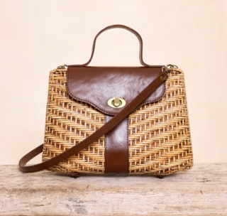 Rattan Handbag with Leather Trim and Convertable Strap