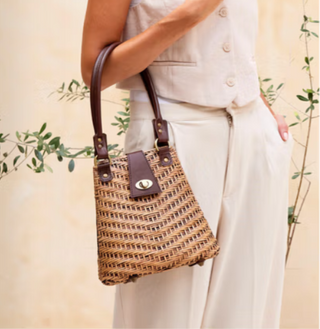 Rattan Handbag with Leather Trim