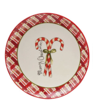 Stoneware Plate with Holiday Image & Plaid Border