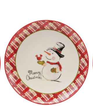 Stoneware Plate with Holiday Image & Plaid Border
