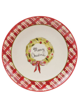 Stoneware Plate with Holiday Image & Plaid Border