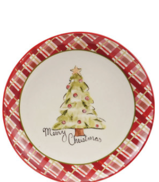 Stoneware Plate with Holiday Image & Plaid Border