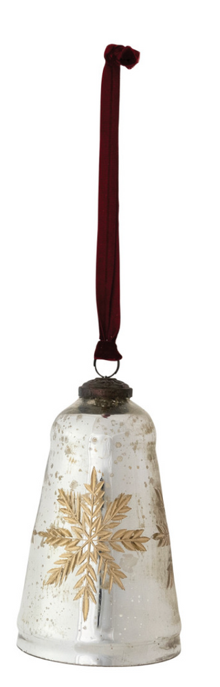 Etched Mercury Glass Bell Shaped Ornament with Burgundy Velvet Ribbon Hanger