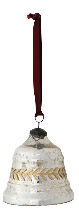 Etched Mercury Glass Bell Shaped Ornament with Burgundy Velvet Ribbon Hanger