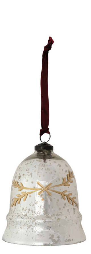 Etched Mercury Glass Bell Shaped Ornament with Burgundy Velvet Ribbon Hanger