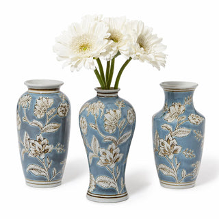 Magnolia Blossom Hand-Painted Cottage Blue Vases, Set of 3 by Two's Company