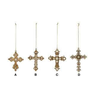 Pewter Cross Ornament with Faux Pearls, Gold Finish, 4 Styles