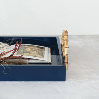 Navy Wood and Metal Tray with Handles
