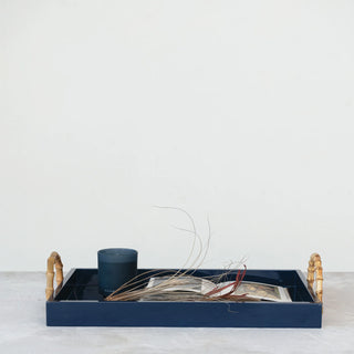 Navy Wood and Metal Tray with Handles