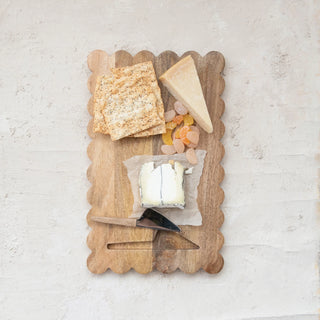 Mango Wood Scalloped Cheese/Serving Board with Stainless Steel Cheese Knife