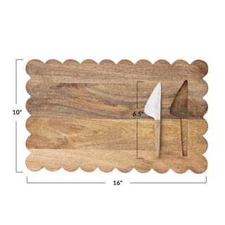 Mango Wood Scalloped Cheese/Serving Board with Stainless Steel Cheese Knife