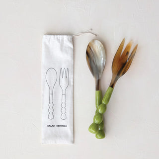 Natural Horn Salad Servers with Marbled Handles