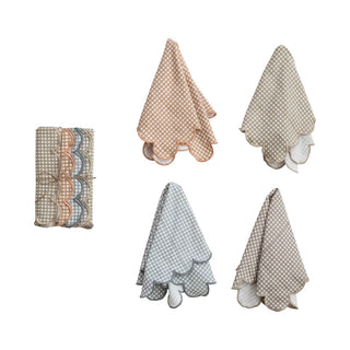 Cotton Printed Scalloped Napkins w/ Check Pattern & Stitched Edge