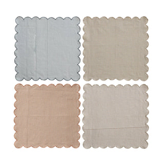 Cotton Printed Scalloped Napkins w/ Check Pattern & Stitched Edge