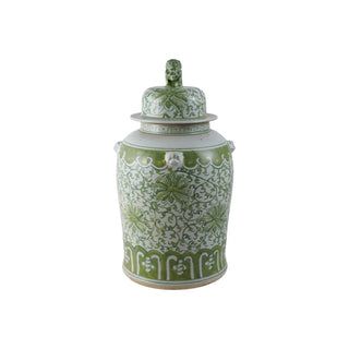 Decorative Hand-Painted Stoneware Ginger Jar w/ Floral Pattern, Green & White