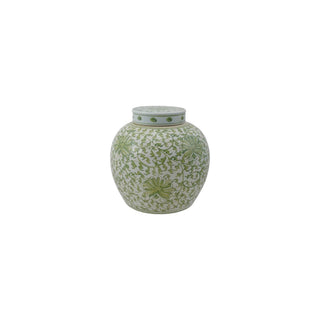 Decorative Hand-Painted Stoneware Ginger Jar w/ Floral Pattern, Green & White