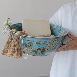 Hand-Painted Stoneware Serving Bowl with Cherry Blossoms