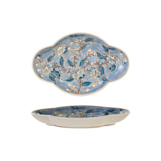 Decorative Hand-Painted Stoneware Dish with Wax Relief Flowers