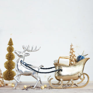Cast Aluminum Reindeer & Sleigh Shaped Container with Cotton & Leather Reins