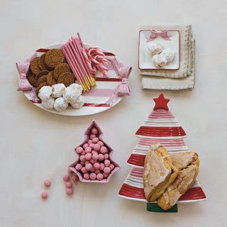 Hand-Painted Stoneware Striped Platter with Polka Dot Bow Shaped Handles