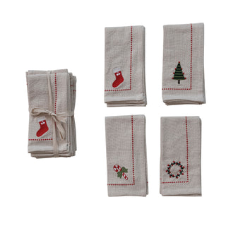 Woven Cotton Napkins with Embroidered Holiday Icons
