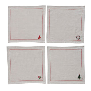 Woven Cotton Napkins with Embroidered Holiday Icons