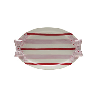 Hand-Painted Stoneware Striped Platter with Polka Dot Bow Shaped Handles