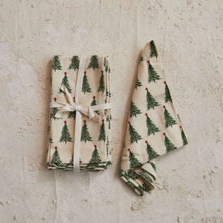 Stonewashed Cotton Printed Napkins w/ Christmas Tree Pattern